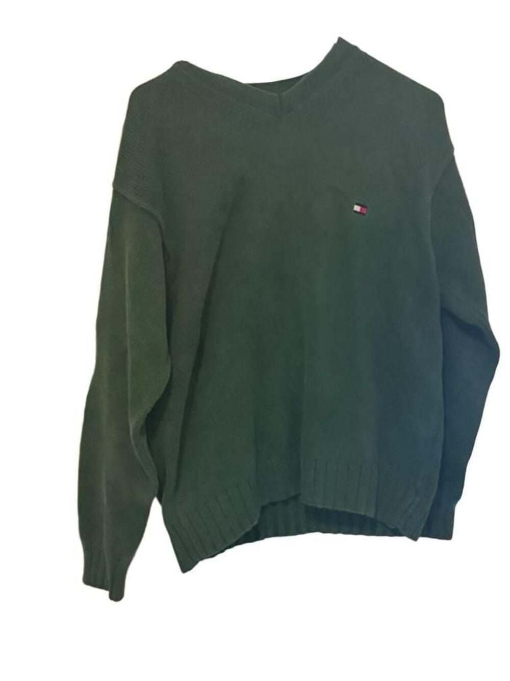 Tommy Hilfiger Vintage Forest Green V-Neck Knit Sweater Size Medium